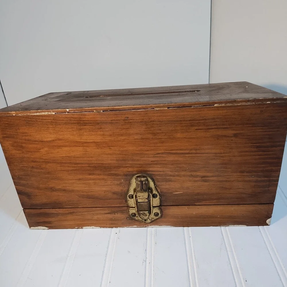 Antique / Vintage Wooden Ballot Box Lockable Hinged Money Deposit Tithe Rustic